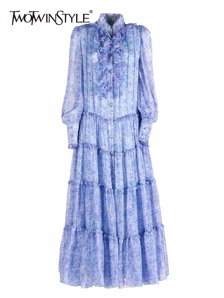 

TWOTWINSTYLE Vintage Loose Midi Dress For Women Stand Collar Puff Sleeve High Waist Solid Dresses Female Spring Clothing Fashion