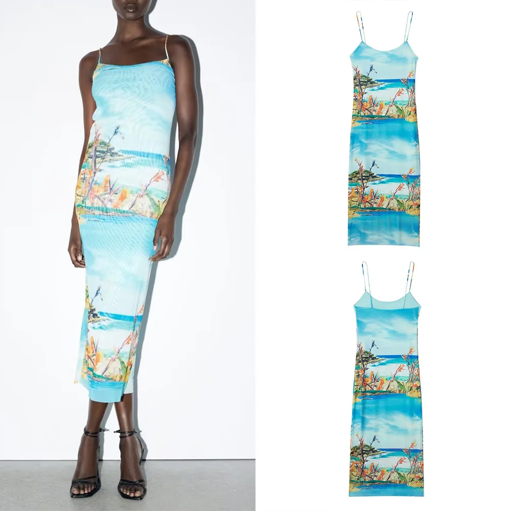 

Женское длинное платье с открытой спиной PB & ZA, летнее пляжное платье из шелковой сетки с принтом и лямкой на шее, 5039378