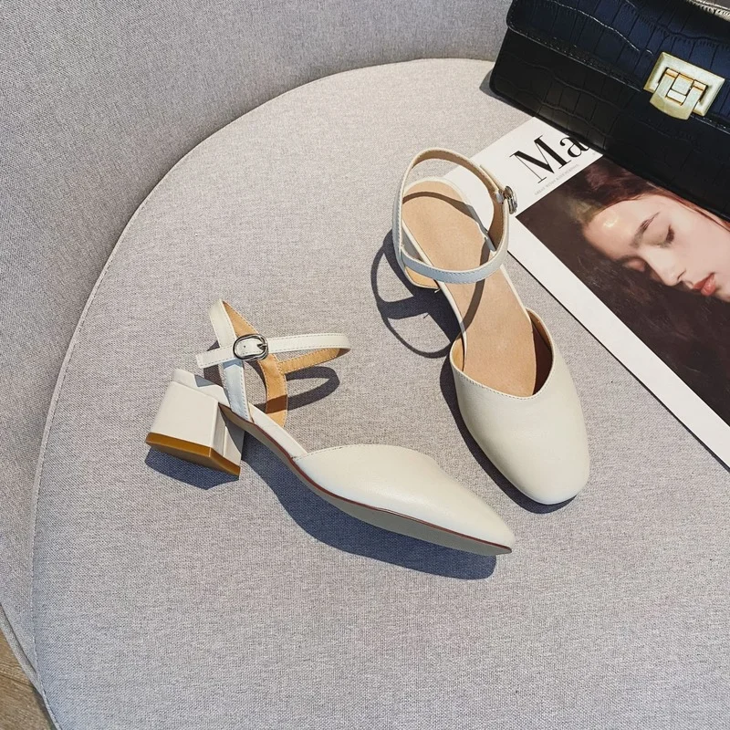 

Кожаные сандалии женские, Новинка лета 2022, модные повседневные однотонные сандалии Baotou на высоком каблуке, летние сандалии для женщин