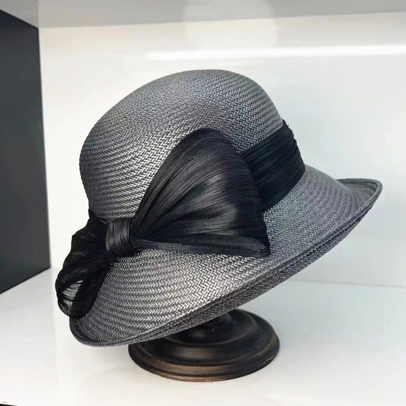 2023 Fashion Luxury Paper Straw Handmade Silk Bow Decoration Fedora Hat Women Elegant Party Wedding Hat Summer Beach Sun Hat