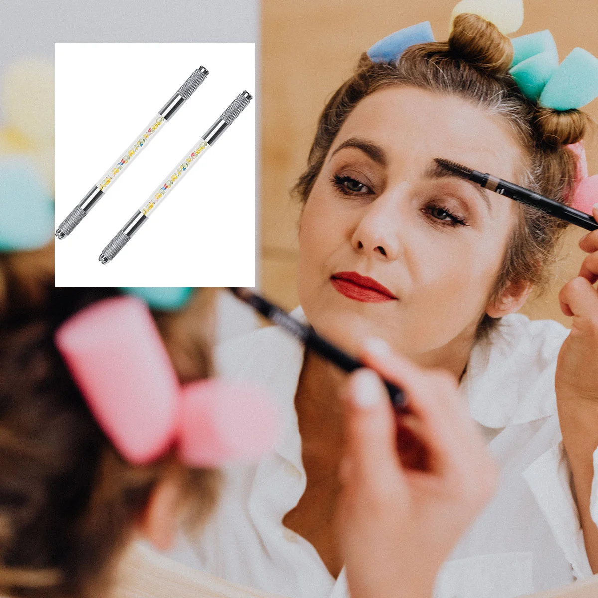 

2Pcs Tattooing Pen Durable Rhinestones Handle Dual Head Microblading Pen Skin Marking Pen Tattooing Tool