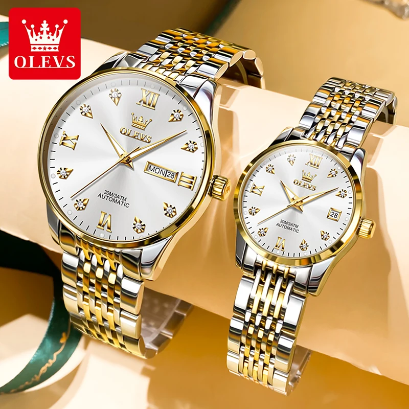OLEVS Luxury Brand Genuine Watch Couple Watch Automatic Mechanical Gold Plated Case Couple Watch Luminous Waterproof Reloj 6673