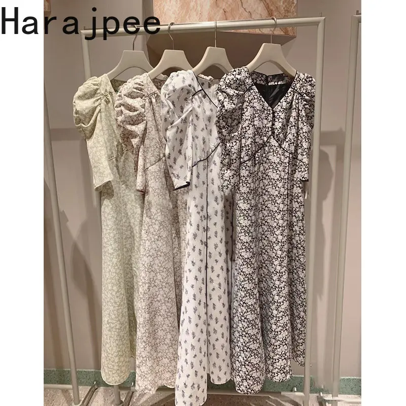 

Harajpee Women Fashion Dress Japanese Style 2023 Early Spring Summer New Sweet V-neck Print Pleated Puff Sleeve Tie Party Dress