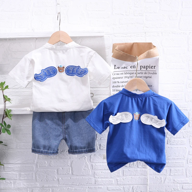 

2 шт./комплект, футболка с джинсовыми шортами для мальчиков и девочек, на возраст 0-5 лет