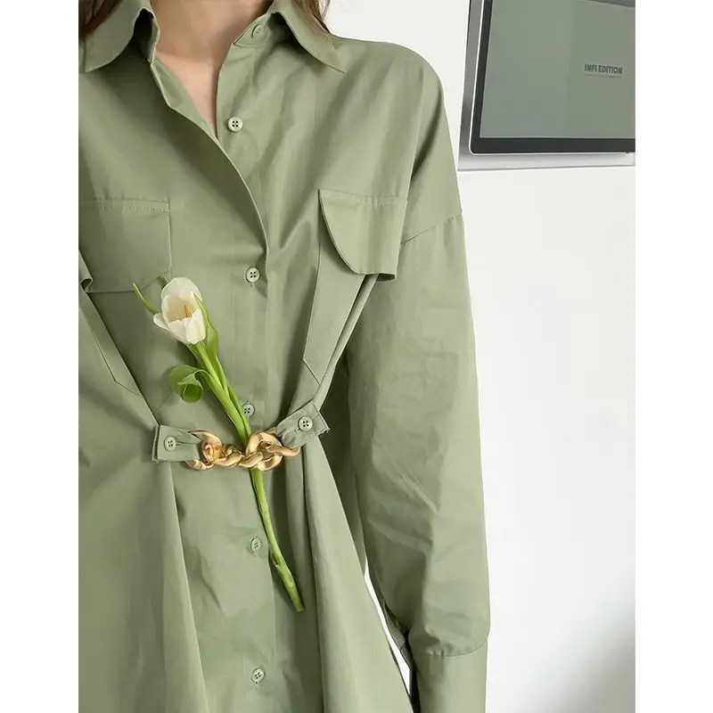 QWEEK  Female Blouse Korean Style Chic Woman Shirt Harajuku Green Top Oversized Long Sleeve Tunic streetwear Fashion alt clothes