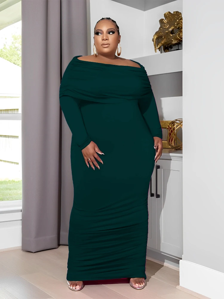 Plus-size women's dress knitted one-neck draw-pleated long dress womens plus size summer dresses