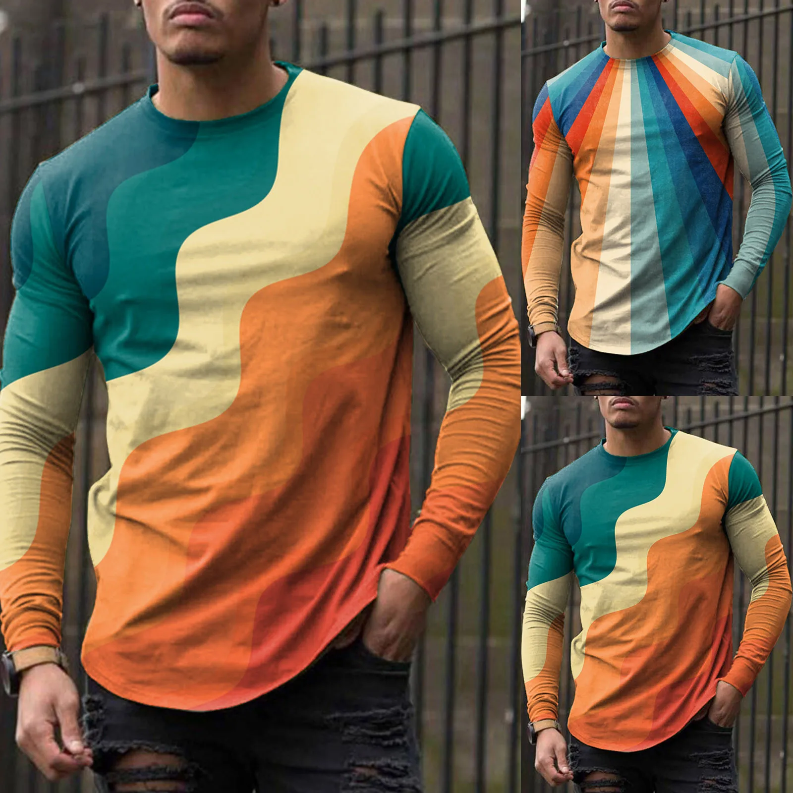 

Printed Men's Top T-shirt Round Spring Neck Blouse Long Casual Sleeve Men's blouse Button Blouses Lapel