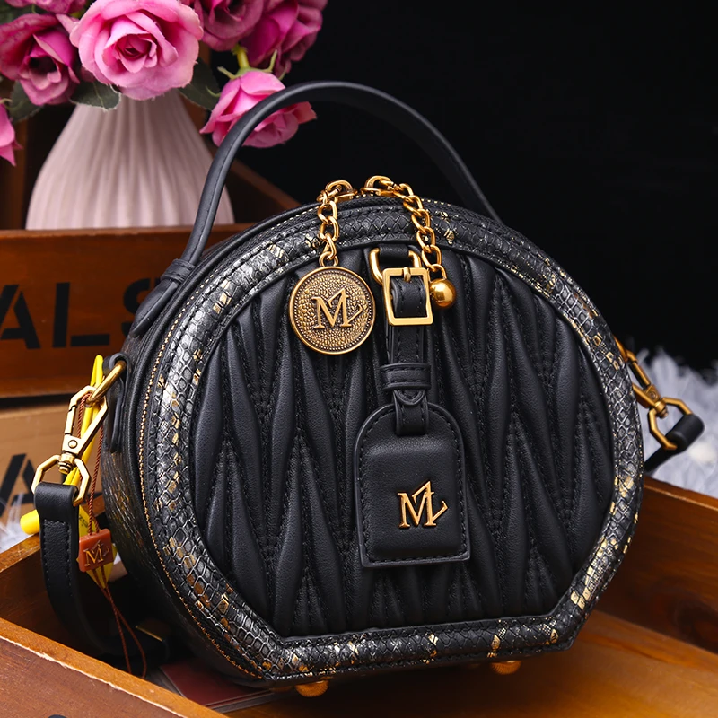2022 New Fashion Lattice Small Round Bags High Quality Genuine Leather Shoulder Bags Luxury Fashion Women Purse and Handbags