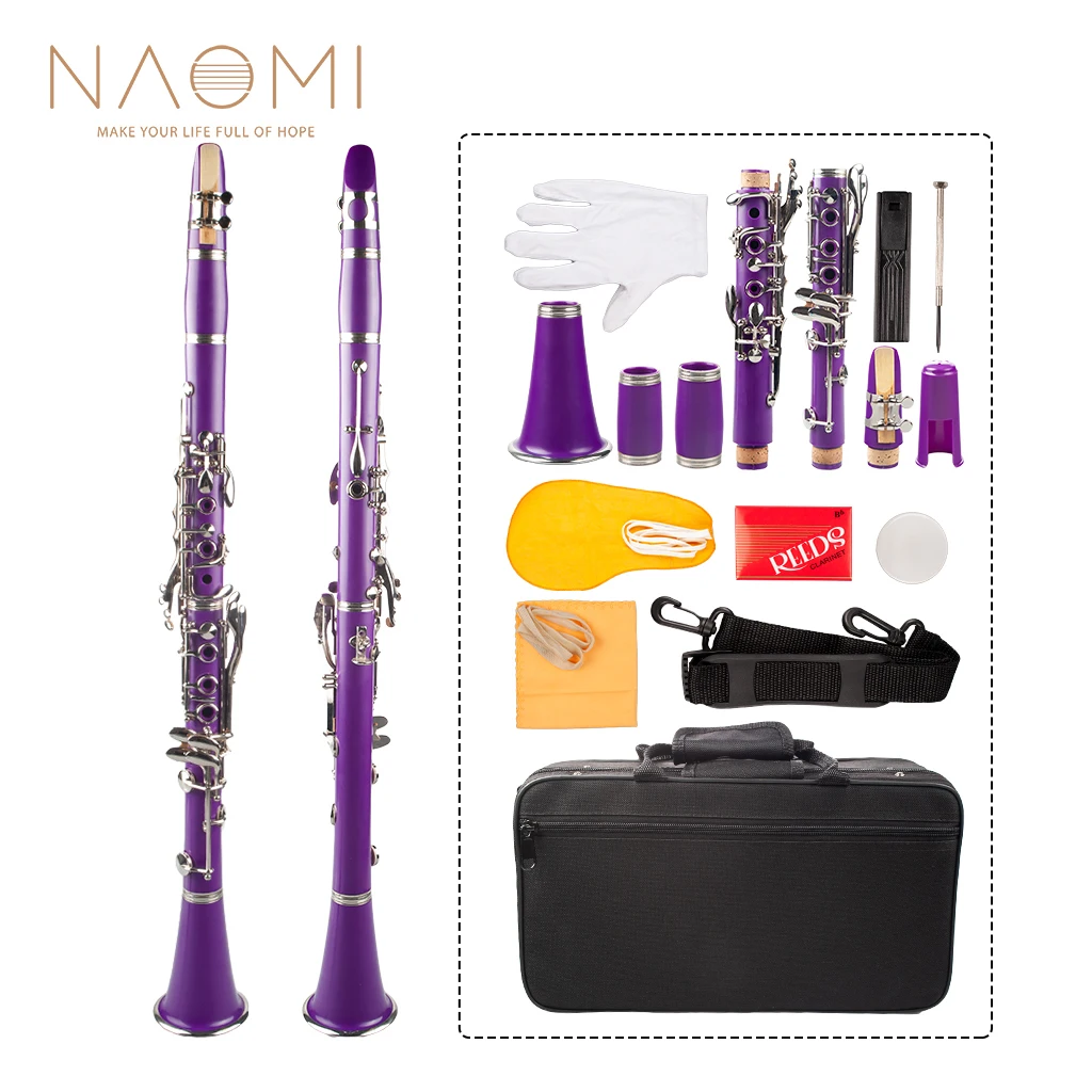 NAOMI Professional Bb Clarinet ABS Clarinet 17-Key Cupronickel Plated Nickel Kit W/ Clarinet+Reeds+Strap+Case+Components Purple