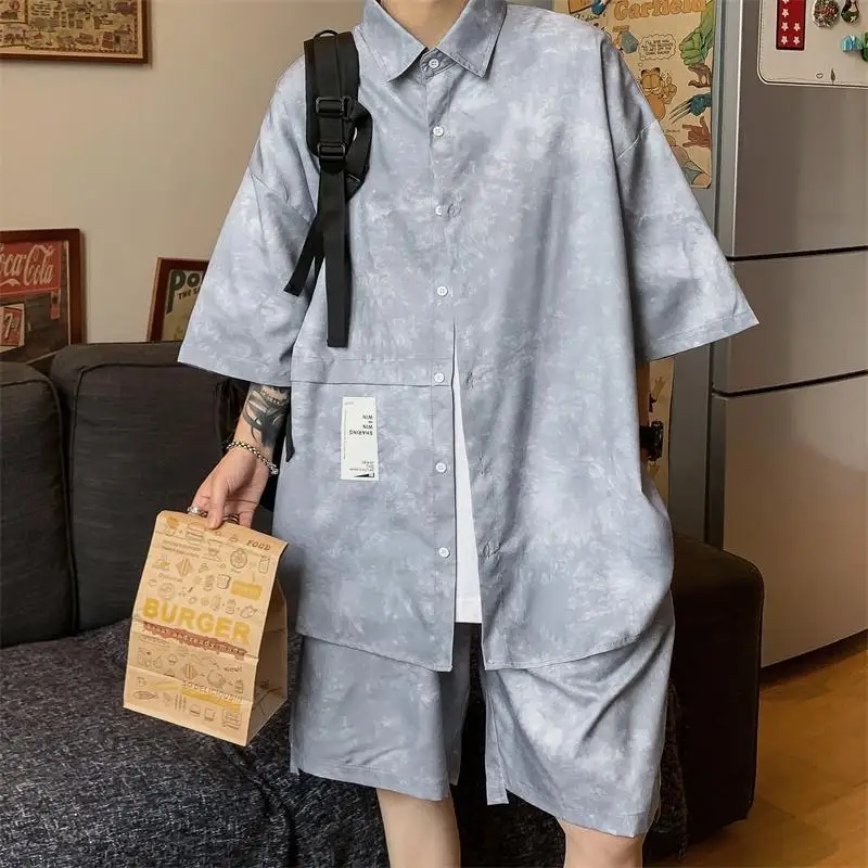 2023 new Summer Men's Oversized Two Piece Set Casual Shirt And Shorts Set Male Loose Fashion Tie Dye Short Sleeve Holiday Suits