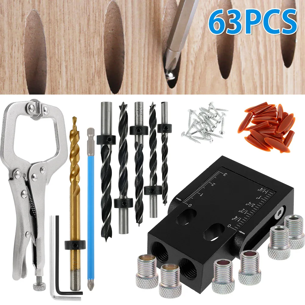 

63pcs Woodworking Pocket Hole Screw Jig Dowel Drill Joinery Kit Angle Guide Hole Positioner Locator Tools Hole Drive Adapter