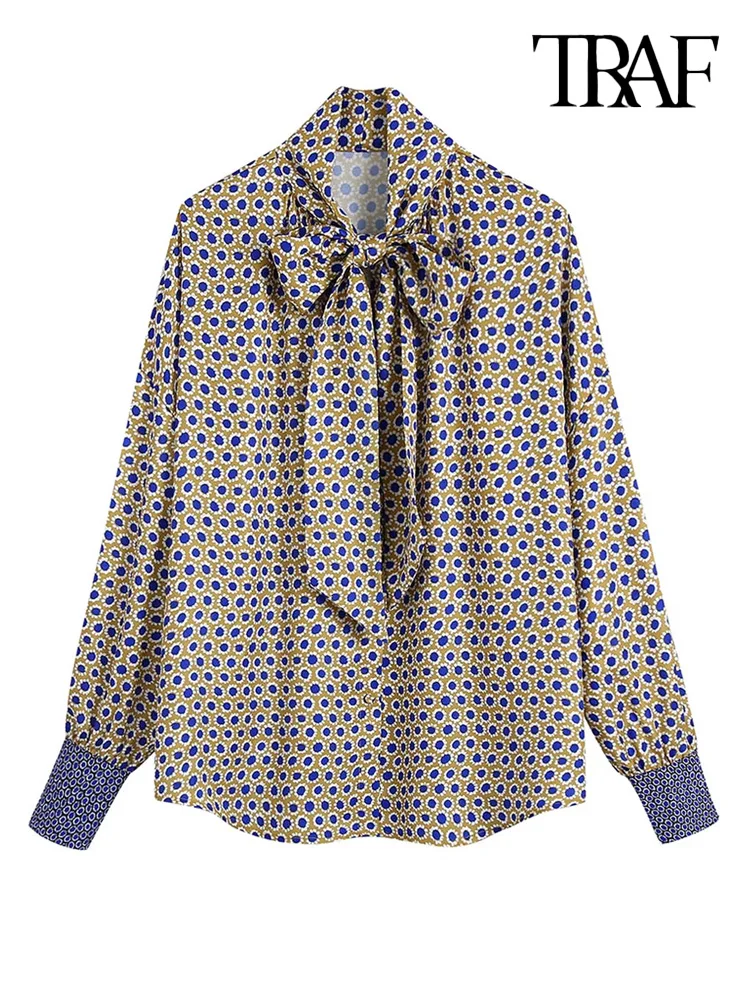 

TRAF Women Fashion With Ties Printed Loose Blouses Vintage Long Sleeve Button-up Female Shirts Blusas Chic Tops