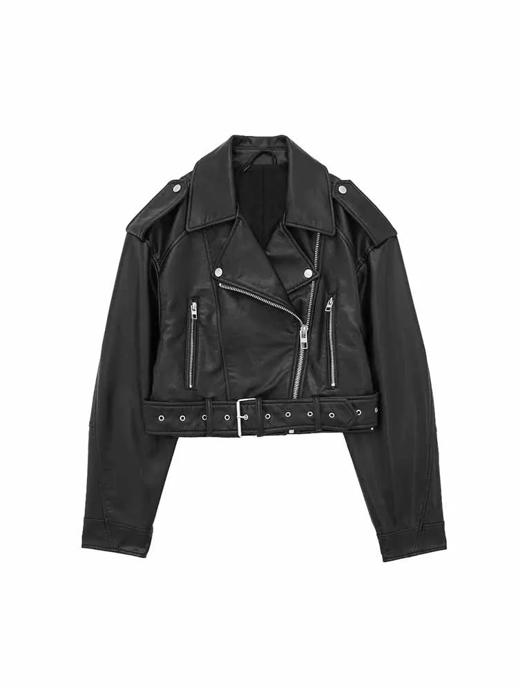 

Women 2023 New Fashion With belt Cropped Faux leather Jacket Coat Vintage Long Sleeve zipper Female Outerwear Chic Overshirt
