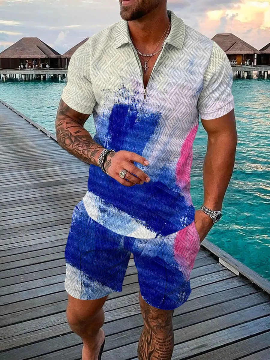 

Мужская рубашка-поло с 3D-принтом, Повседневная рубашка-поло контрастных цветов, на молнии, с лацканами и короткими рукавами + шорты, лето 2022