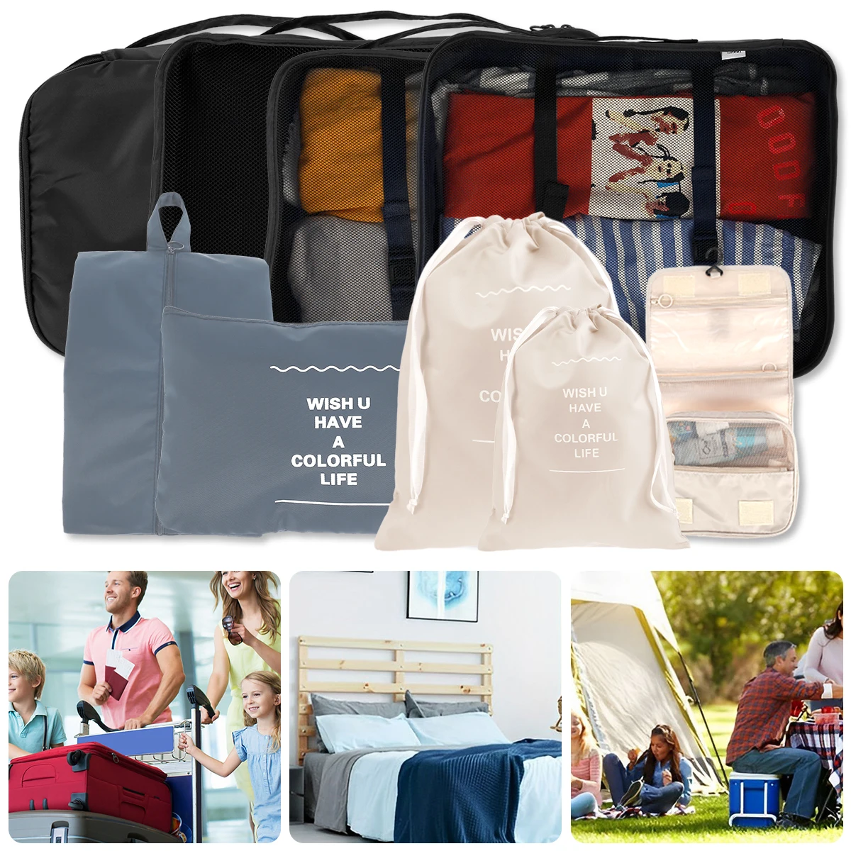 

9Pcs Travel Storage Bag Waterproof Large Capacity Packing Organizer Pouch with Zipper and Handle Foldable Space Saving Luggage