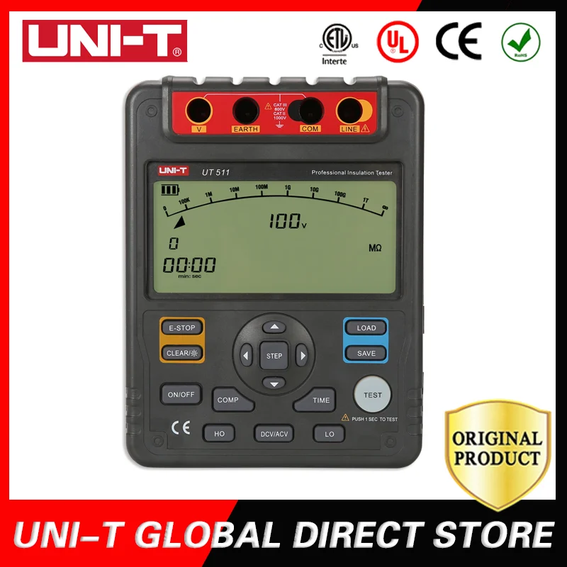 

UNI-T UT511 Megger Digital Insulation Resistance Tester 1000V 10Gohm PI/DAR Measurements Auto power off Megohmmeter Ohm tester