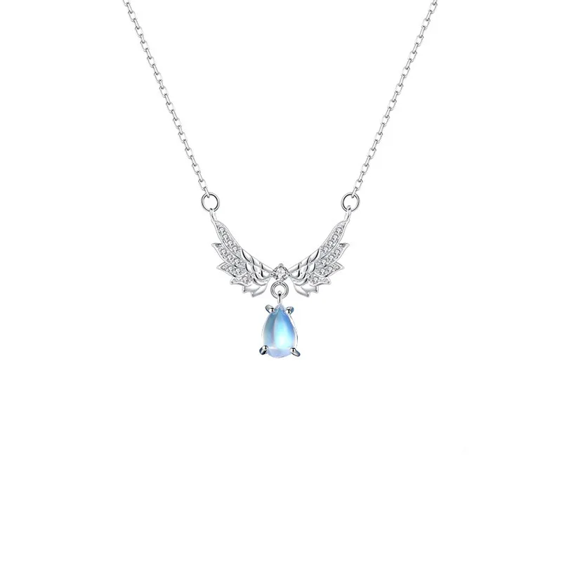 

New Ladies 925 Sterling Silver Necklace Angel Wings Water Drop Moonstone Zircon Clavicle Chain Fashion Jewelry Couple Gift