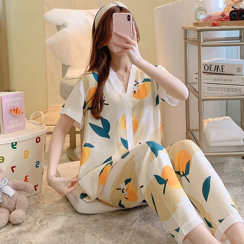 Womens Thin Cotton Pajamas Set  Pyjamas Set Ladies Super Soft Sleepwear Short Sleeve Button Down Nightwear with Long Pants 2pcs