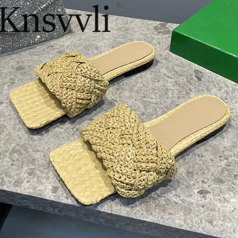

Summer Flat Slippers Shoes Women Weave Style Mules Shoes Ladies Square Toe Party Runway Beach Vacation Flat Slippers Shoes Woman