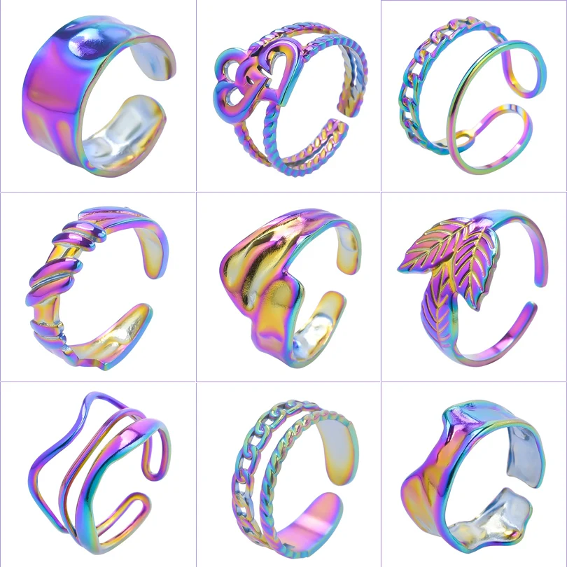 

Rainbow Color Open Adjustable Rings For Women Men Stainless Steel Leaf Love Geometry Chain Overlapping Jewelry Punk Ring