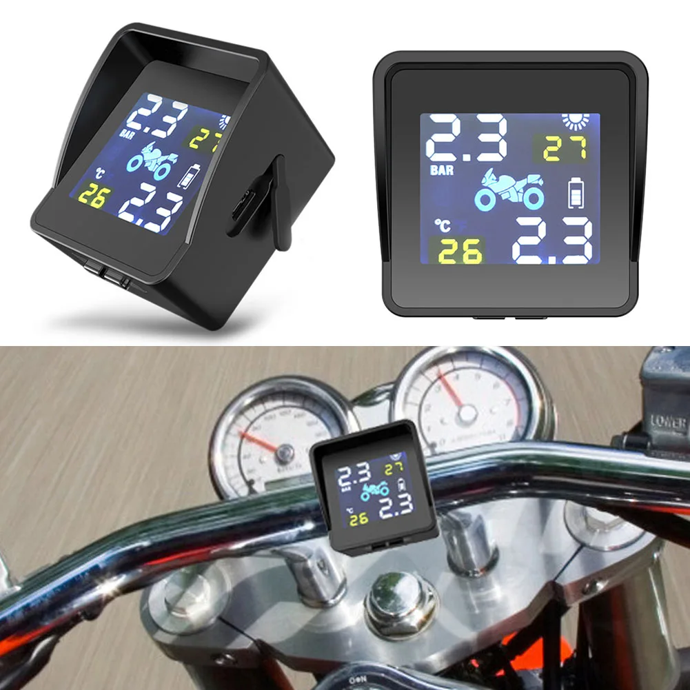 

Motorcycle TPMS Tire Pressure Monitoring System Solar Power Digital LCD Tire Pressure Temperature Alarm System with 2 Sensors