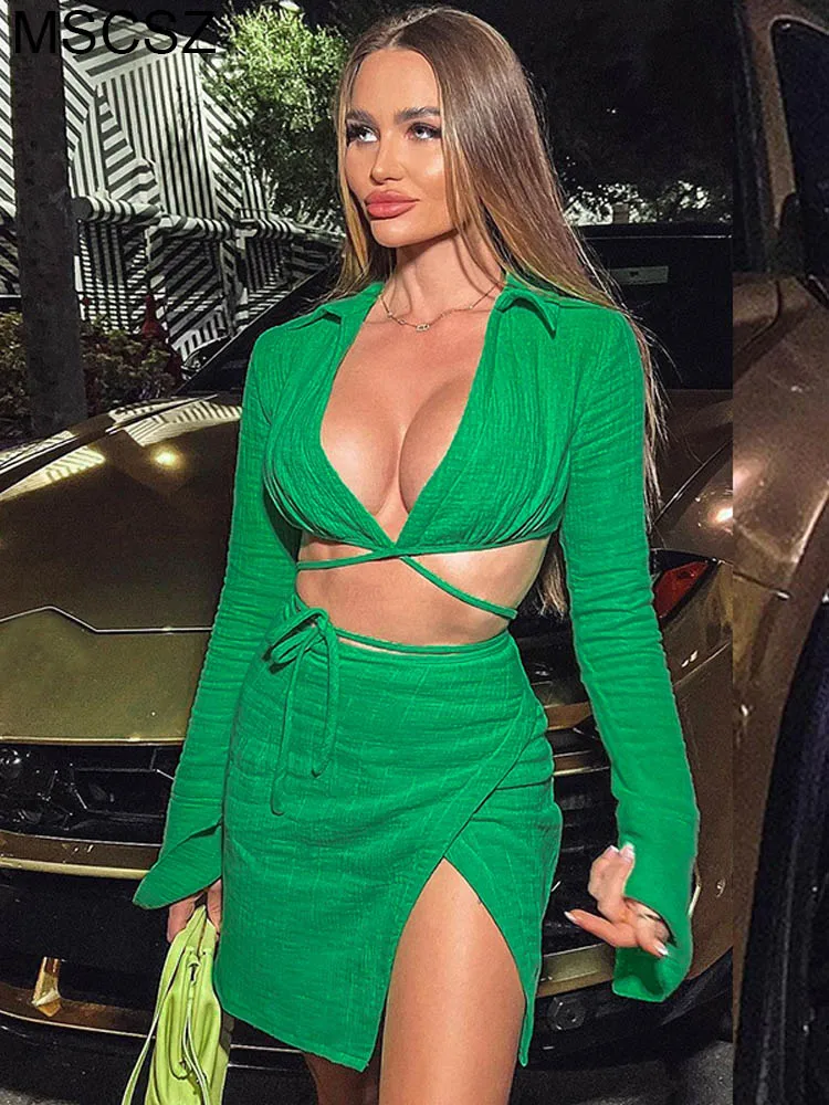 Summer 2 Two Piece Sets Womens Outfit Long Sleeve Crop Top And Mini Skirt Sets Vacation Holiday Festival Outfits Sexy Club Party
