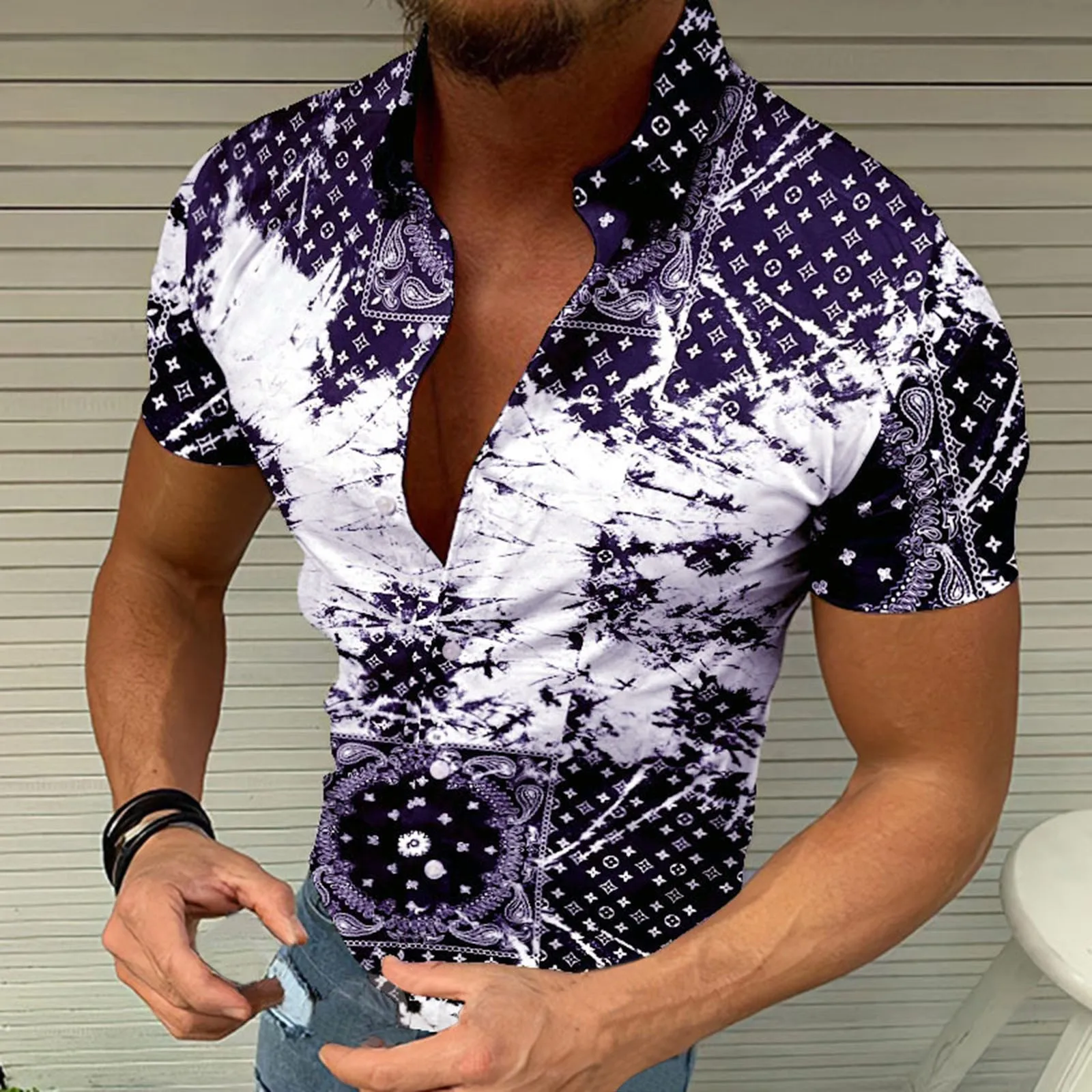 

Yellow Floral Blouse Men Spring And Summer Casual Lapel Single Breasted Full Print Beach Vacation Short Lady Running Short