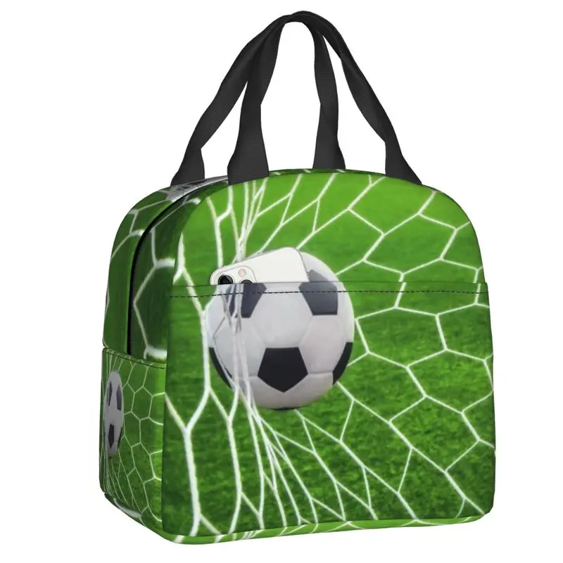 

Soccer Goal Thermal Insulated Lunch Bag Women Football Sport Portable Lunch Tote for Work School Travel Storage Food Box
