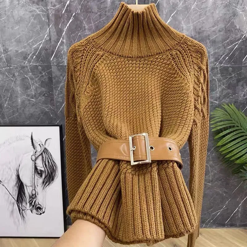 

Hikigawa Casual Mock Neck Vintage Women Sweaters Coats Loose Long Sleeve Knitted Pullovers Sweet Chic Fashion All Match Jumpers