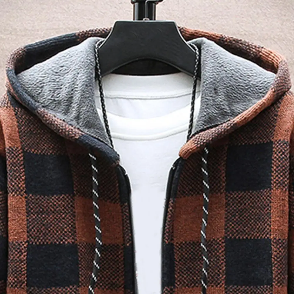 Мужское пальто на молнии вязаная толстая плюшевая клетчатая верхняя одежда с