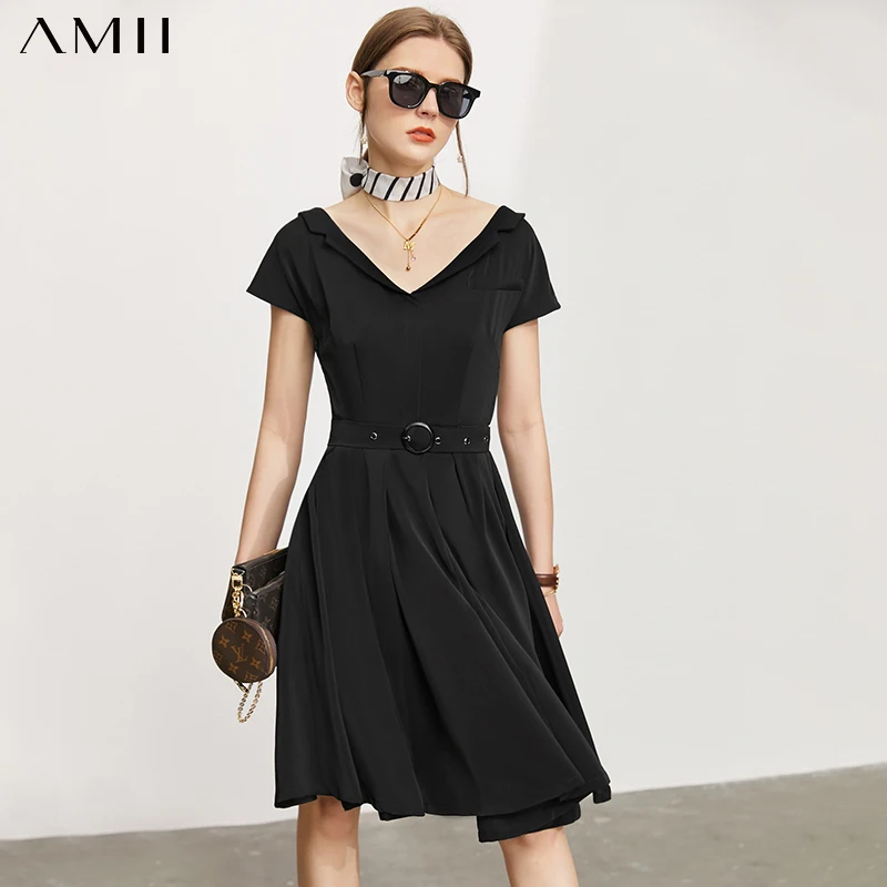 

Amii Minimalism Summer New Temperament Dress For Women Offical Lady Solid Vneck Aline Women's Party Dress Summer Dress 12140746