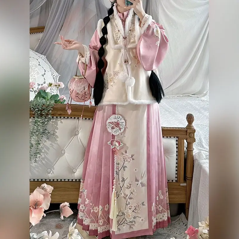 Розовое женское платье Hanfu Mingxian с вышивкой теплый чем воротник для ногтей рукав