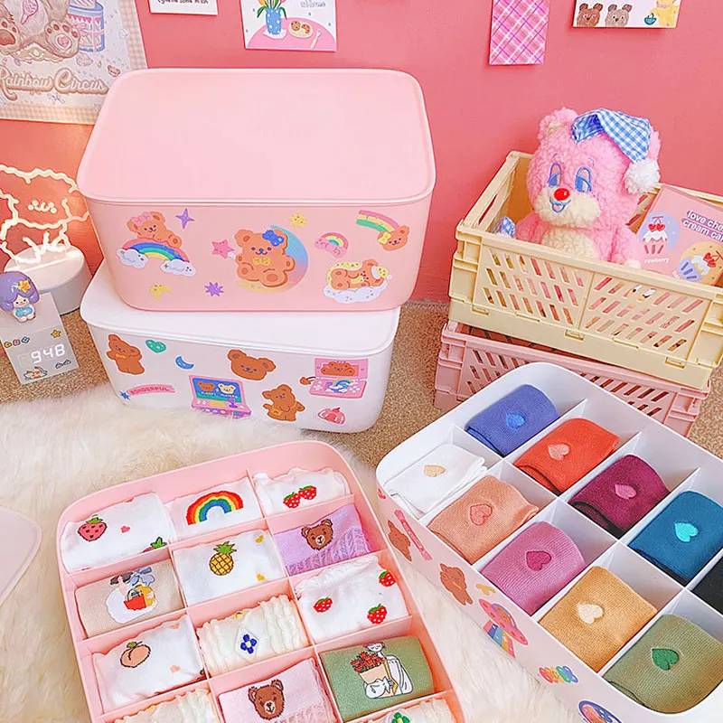 

Ins Cartoon Bear Underwear Bra Panty Organizer Closet Storage Box Plastic Cute Household Bra Fnishing Storage Box With Lid
