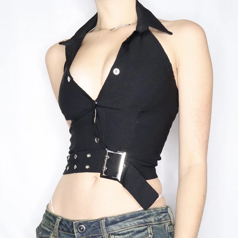 

Goth Grunge Punk Sexy Backless Halter Tops E-girl Mall Gothic Metal Buckle Patchwork Cropped Women Bodycon Sleeveless Streetwear