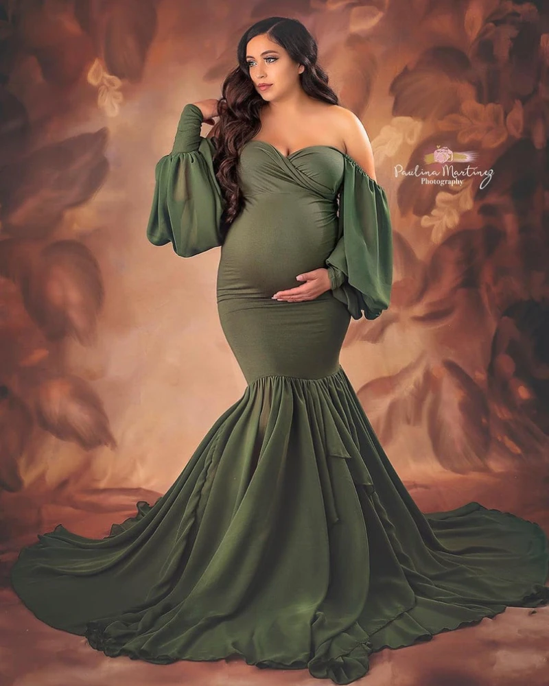 

Зеленое платье-Русалка для беременных с открытыми плечами из спандекса