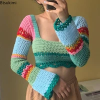2022 women summer crop tops splicing crochet square neck long sleeves knitted t shirt tops streetwear for girls colorful tops