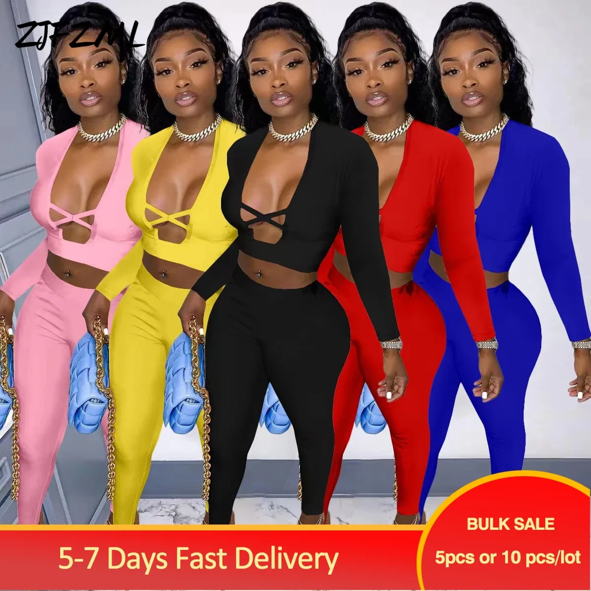 

Bulk Items Wholesale Lots Women's Fitness Tracksuits 2 Piece Matching Sets Deep V Neck Full Sleeve T-shirt+empire Waist Trousers