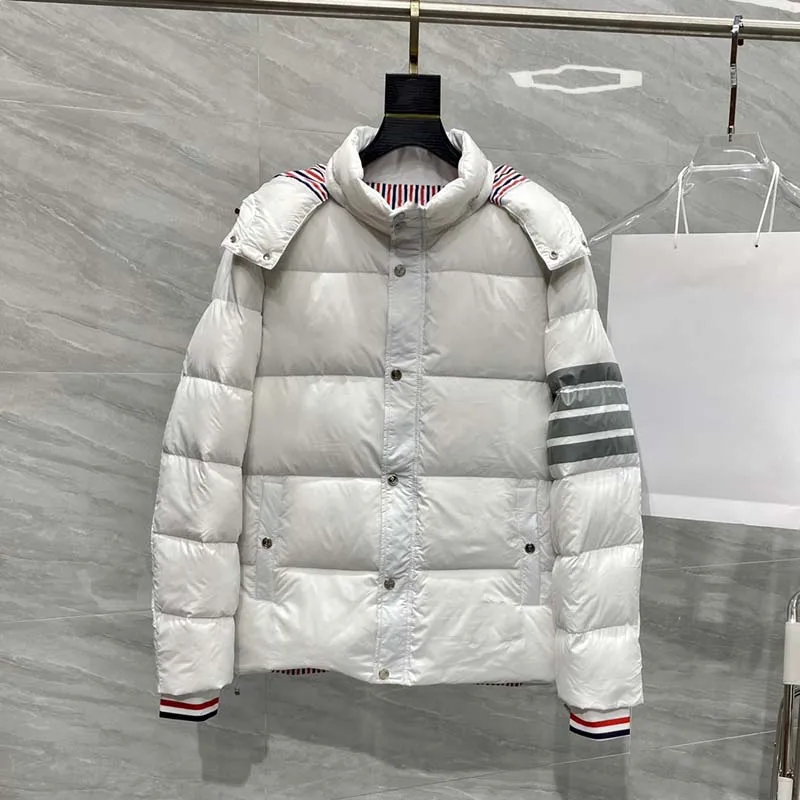 New White Duck Down Jacket Classic Striepd Men Winter Warm Solid Color Hooded Down Coats Winter Outdoor Coat TB Down Jackets