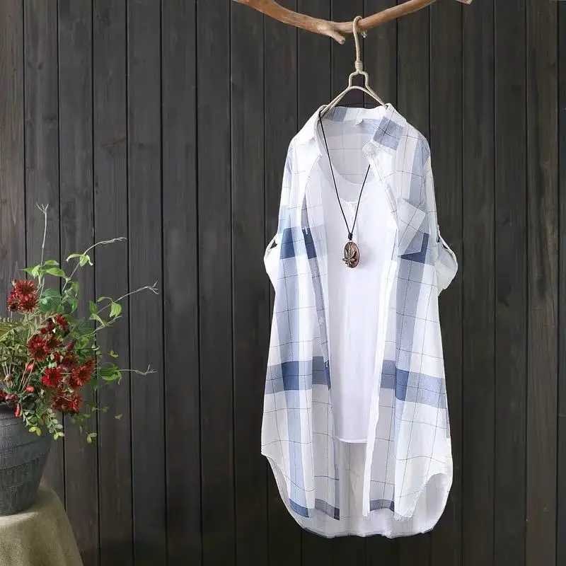 

Lattice Shirts Summer Long-Sleeve Sun Protection Clothing Women Korean Fashion Blouses Loose Long Breathable Blusas Tops E210