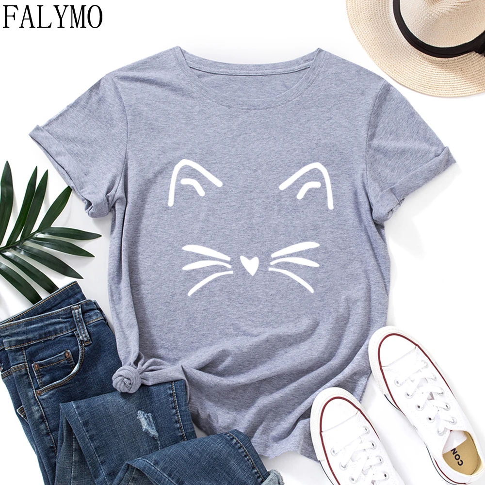

Women Short Sleeve Cotton Tops Summer Autumn Graphic T-shirts Female Top Tee Shirt Clothes Funny Cat Shirt Tshirt Whisker Face