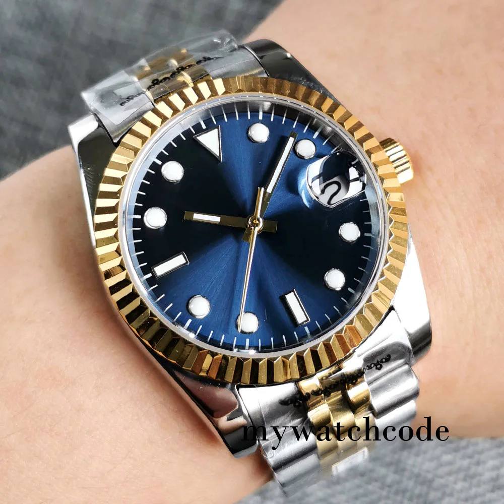 

36mm/39mm PT5000 NH35A Automatic Men Watch Blue Sunburst Dial DJ Hands Gold Fluted Bezel Sapphire Crystal Two Tone Jubilee Band