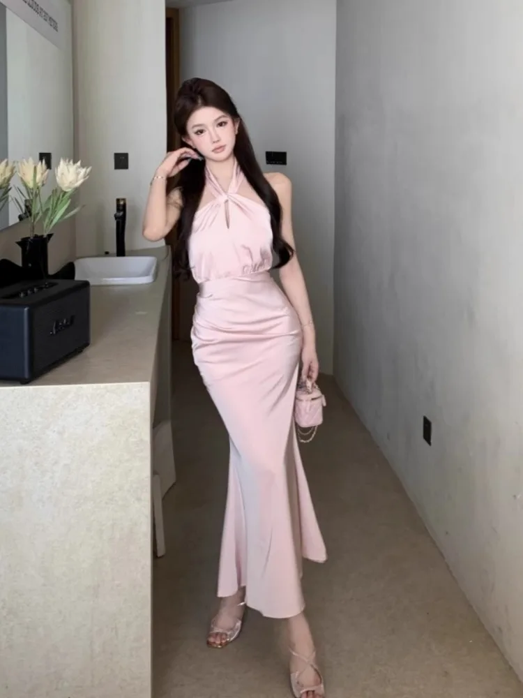 Ezgaga темпераментные платья женские атласные без рукавов с лямкой на шее