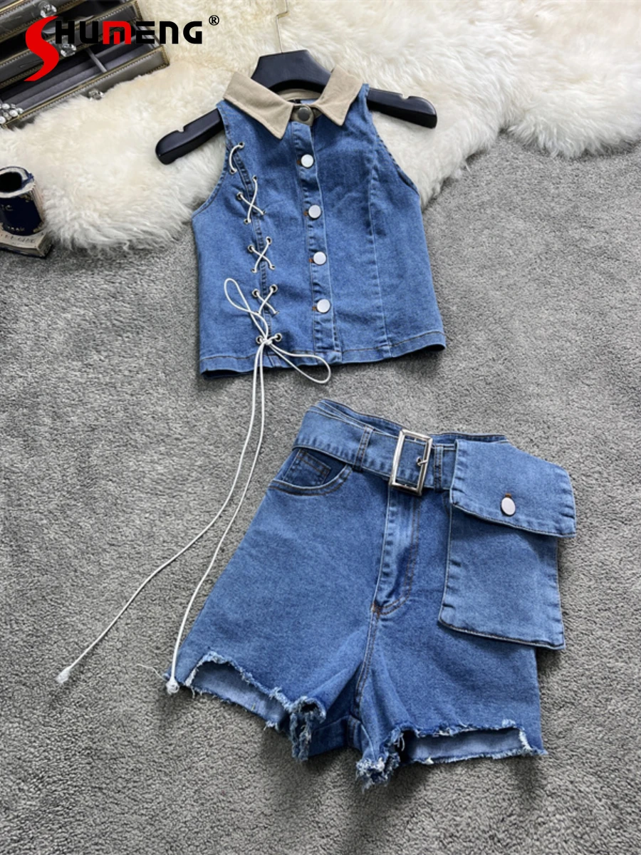 

Sweet Cool 2022 Summer Halter Sleeveless Lace-up Jeans Top Women's Fashion Simple High Waist Sheath Denim Shorts Two-piece Suits
