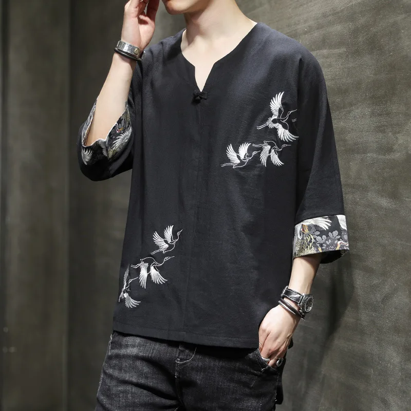 

Мужская льняная блузка с рукавом до локтя, на пуговицах