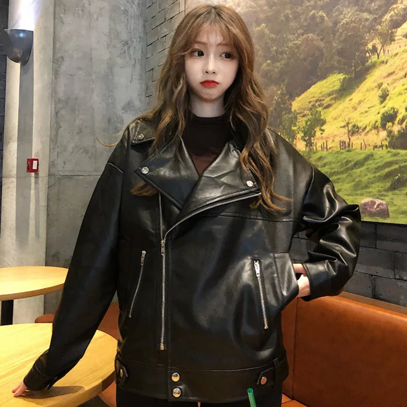 Spring Autumn Faux Leather Jacket Women Casual PU Loose Motorcycle Jackets Female Streetwear Oversized Coat Korean black top