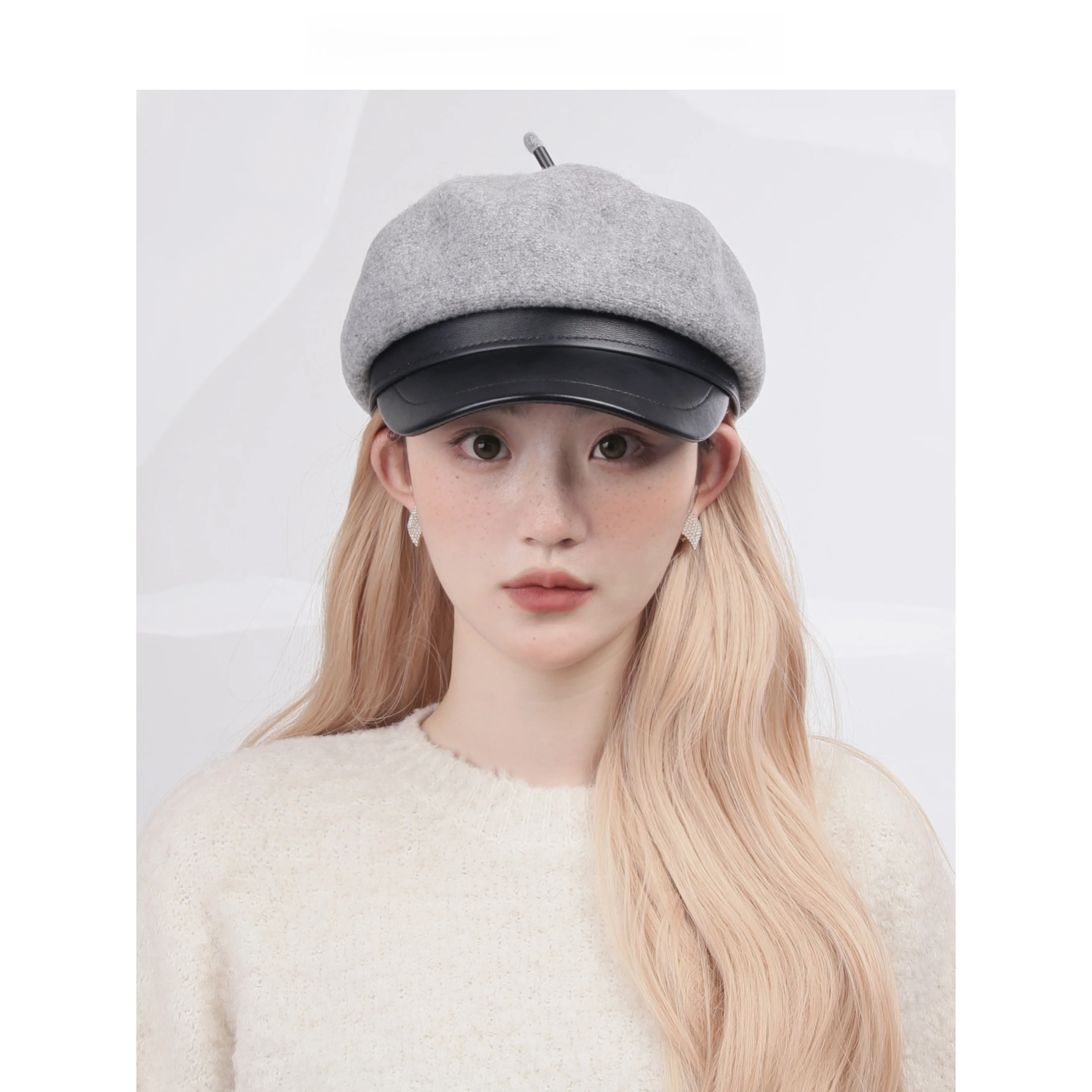 Ahhki Fleece Newsboy Cap British Painter Octagonal Retro Autumn and Winter Leather Patchwork Hat Brim