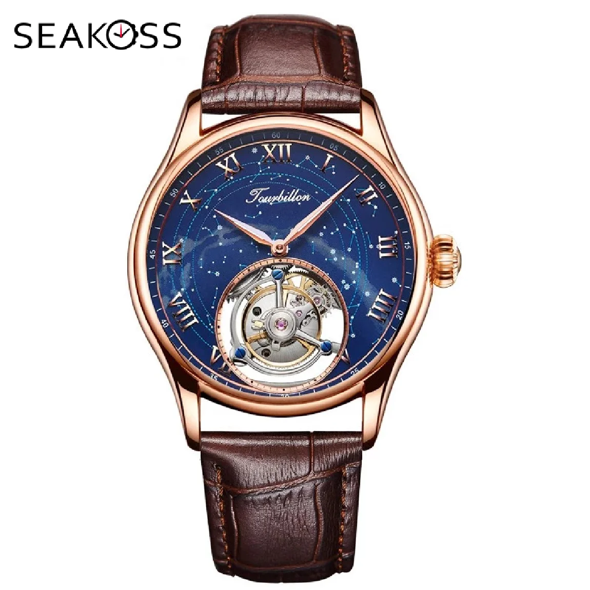 

High-end SEAKOSS Men's Star Sky Tourbillon Watches Sapphire Clock Luxury Mechanical Hand Wind Movement Man Wristwatch Business