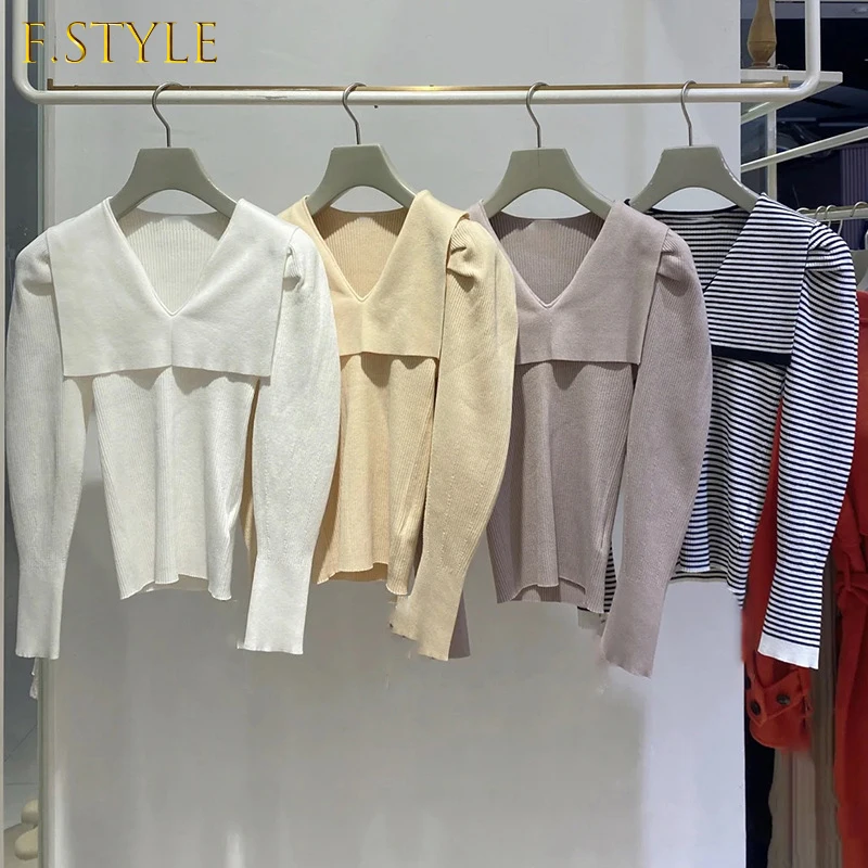 

Slim Fit Pullover Jumpers New Arrival All-match Turn Down Collar Long Puff Sleeve Solid Color Knitted Sweaters Women