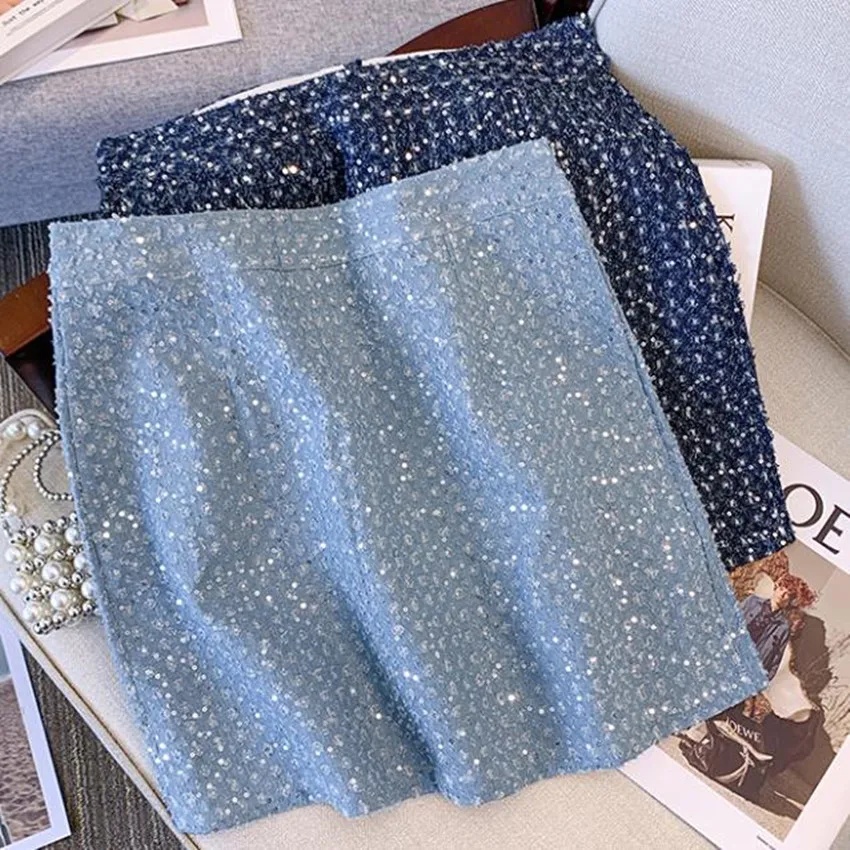 

Fashion Sequined Tweed Skirts Women High Waist Autumn Winter A-line With Safety