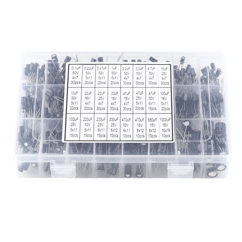 

500pcs 24 Values Aluminum Electrolytic Capacitor Assorted Kit 10V~50V 0.1uF to 1000uF Electrolytic Capacitor